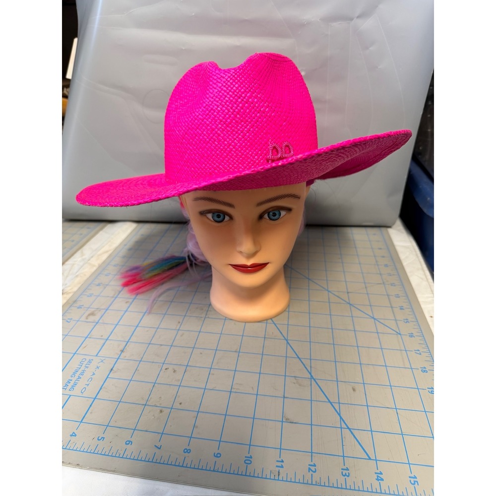 Ruslan Baginskiy‎ Neon Pink Straw Fedora Hat RB Monogram Size S Made in Ukraine